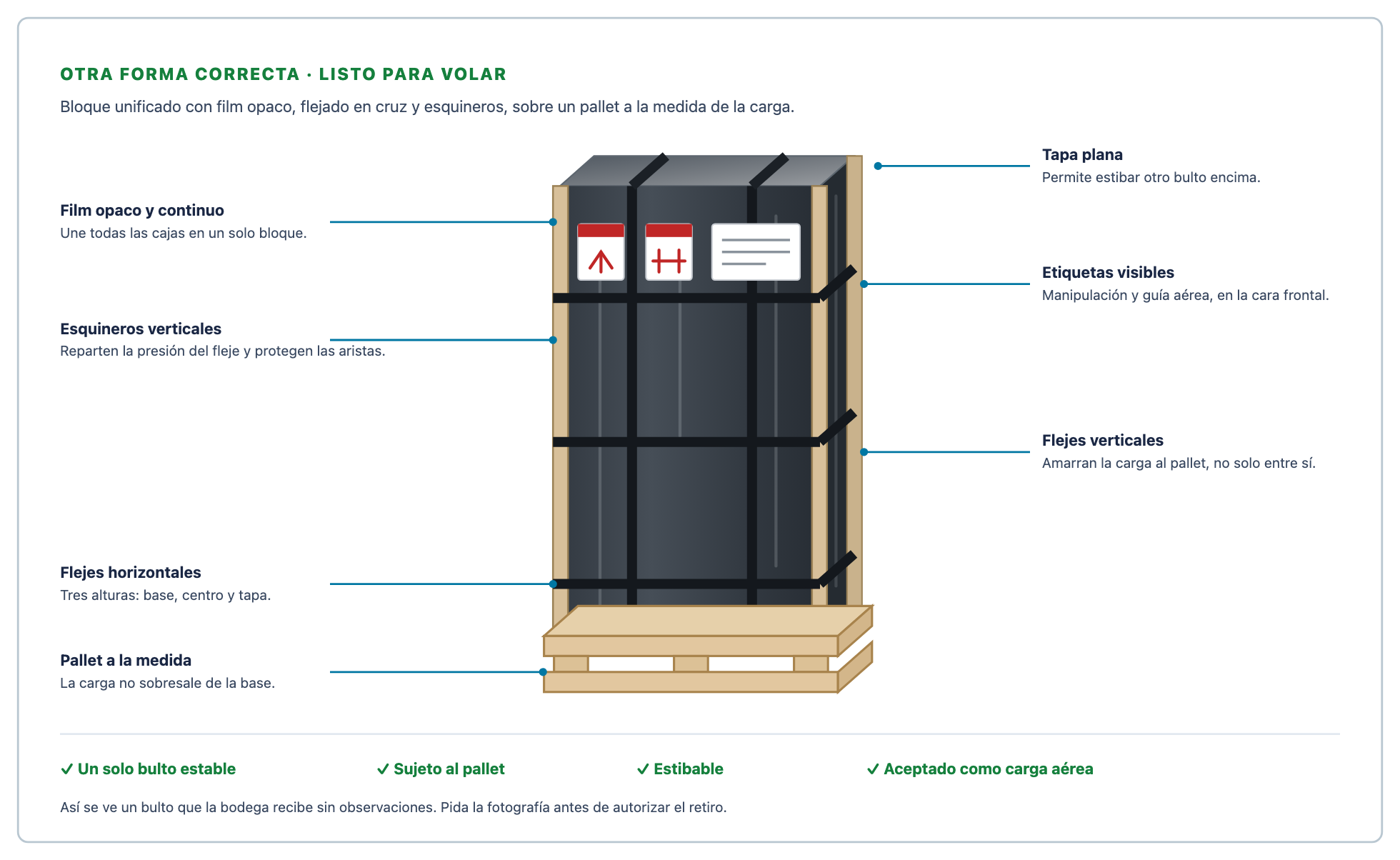 Ilustración de un bulto correctamente embalado para carga aérea: cajas unificadas con film opaco, flejes verticales y horizontales, esquineros de cartón, etiquetas de manipulación visibles y pallet a la medida de la carga